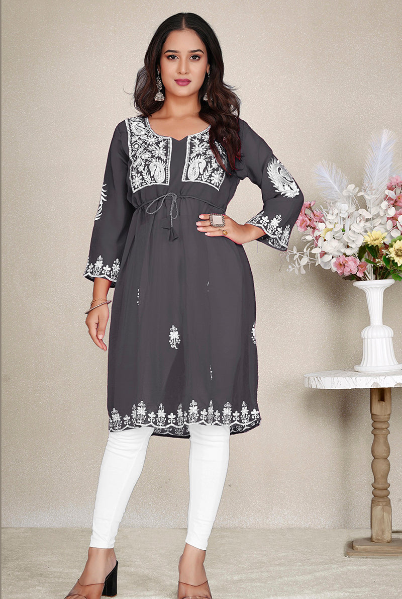Monjolika Fashion Dark Grey Colour Embroidered Georgette Casual Kurti | Grocsy
