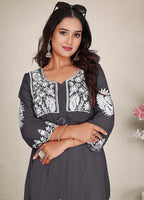Monjolika Fashion Dark Grey Colour Embroidered Georgette Casual Kurti | Grocsy