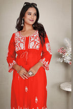 Monjolika Fashion Orange Colour Embroidered Georgette Casual Kurti | Grocsy