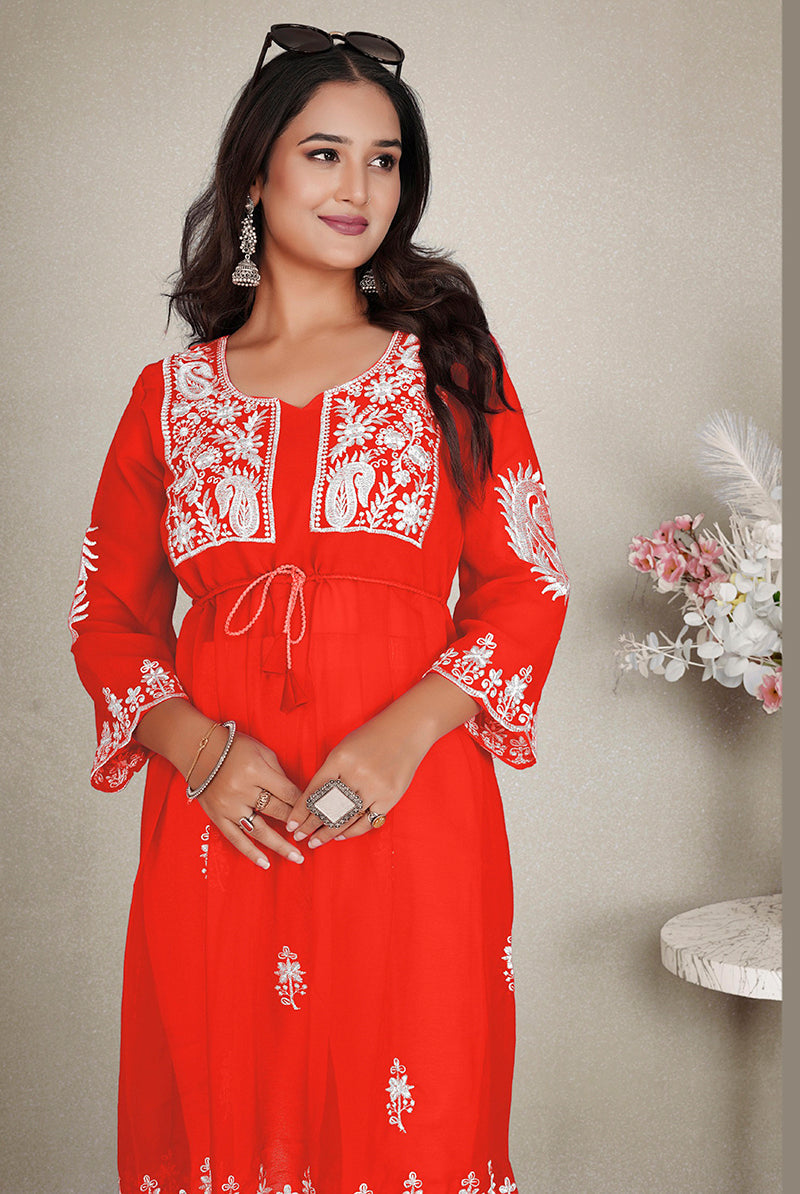 Monjolika Fashion Orange Colour Embroidered Georgette Casual Kurti | Grocsy