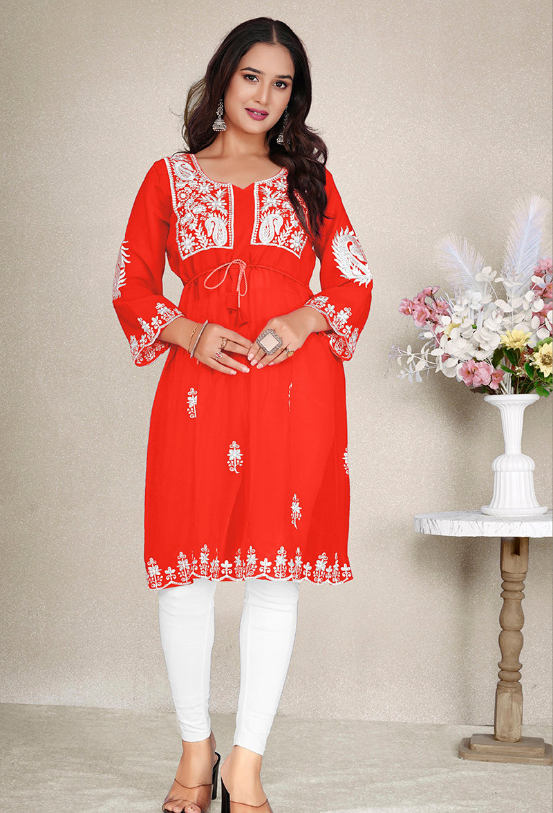 Monjolika Fashion Orange Colour Embroidered Georgette Casual Kurti | Grocsy