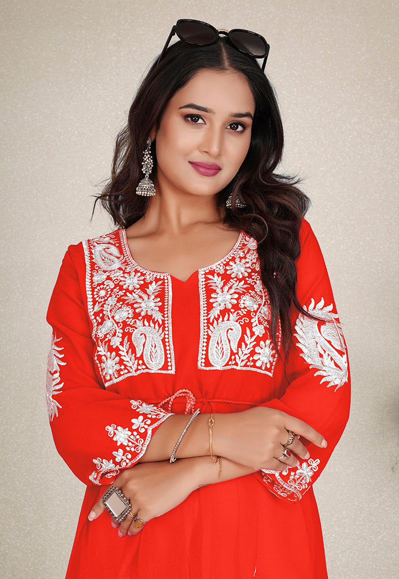 Monjolika Fashion Orange Colour Embroidered Georgette Casual Kurti | Grocsy
