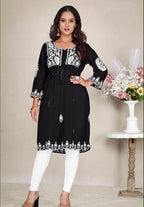 Monjolika Fashion Black Colour Embroidered Georgette Casual Kurti | Grocsy