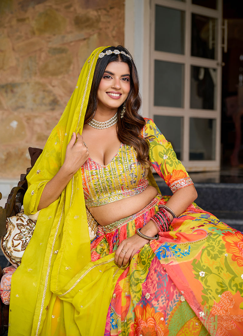 Monjolika Fashion Print Art Silk Designer Lehenga Choli In Multi Colour | Grocsy