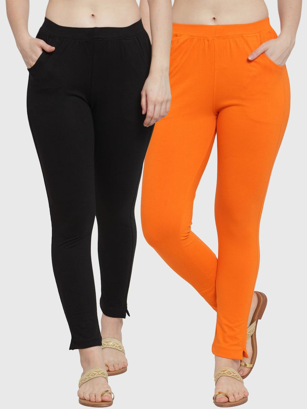 TAG 7 Women Pack Of 2 Orange & Black Solid Straight-Fit Ankle-Length Leggings | Grocsy