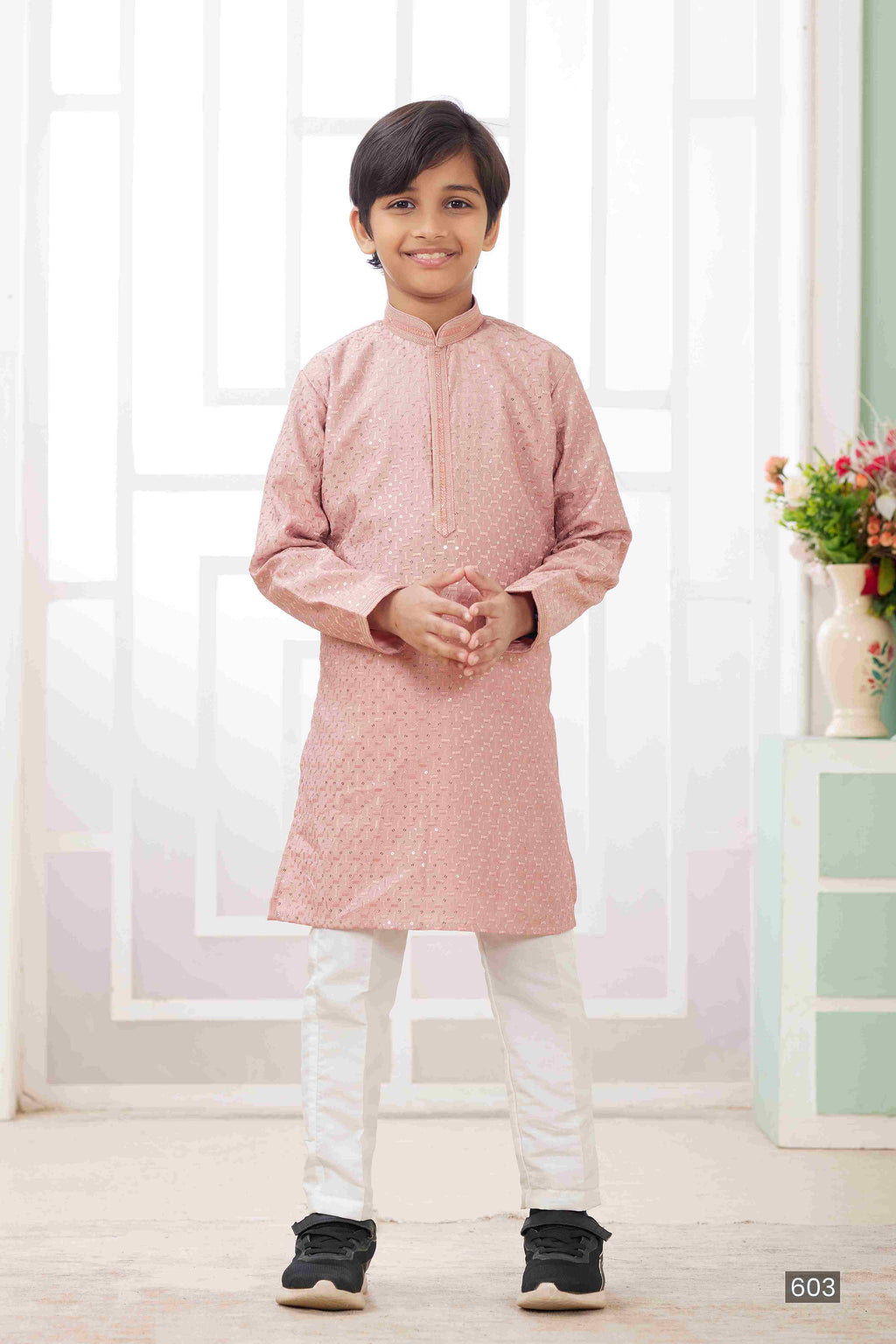 Raivat Ethnic Art Silk Embroidery Work Kids Kurta Pajama In Peach Colour | Grocsy