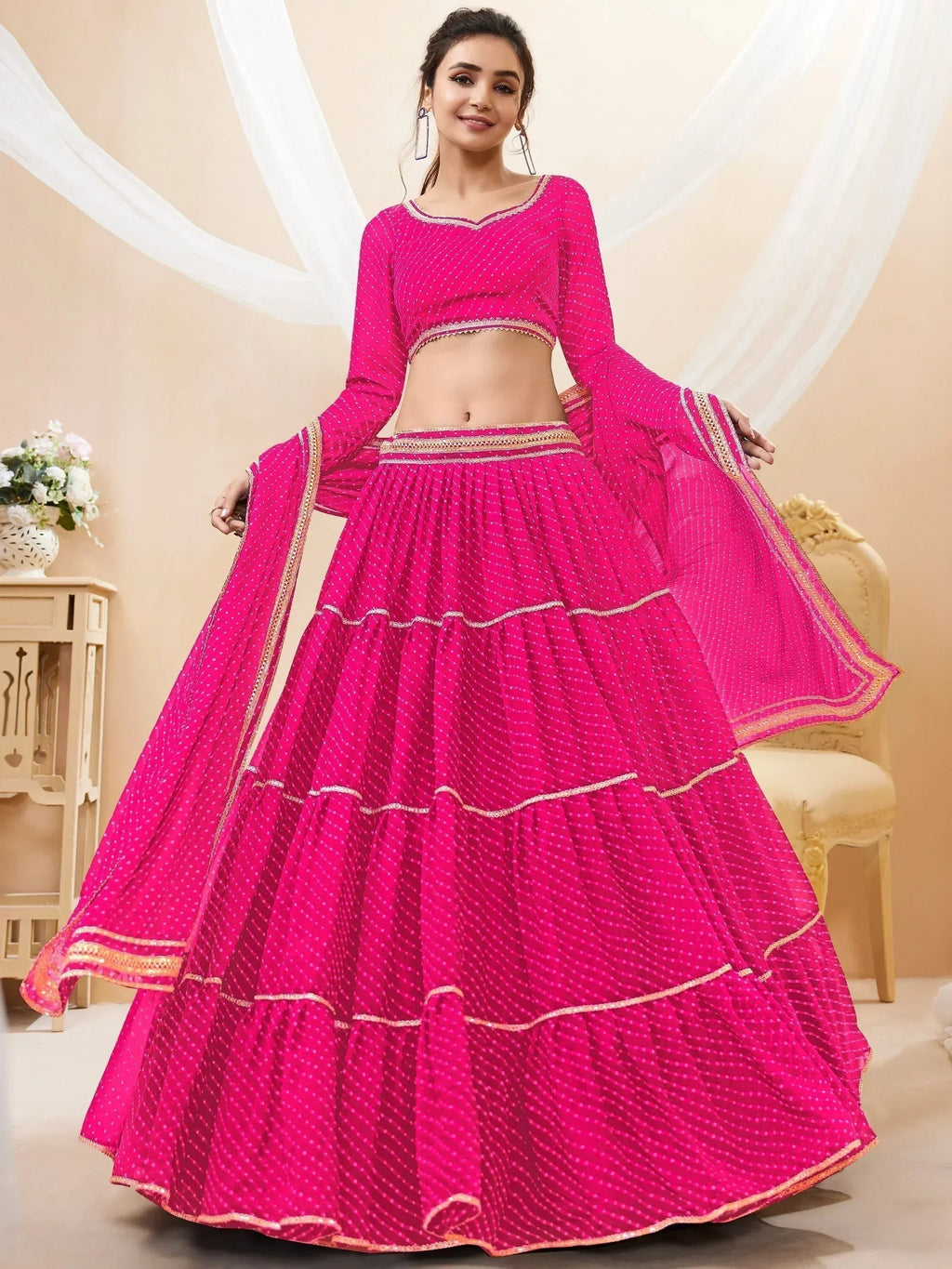Tulsi Art Fabulous Pink Leheriya Printed Georgette Function Wear Lehenga Choli | Grocsy