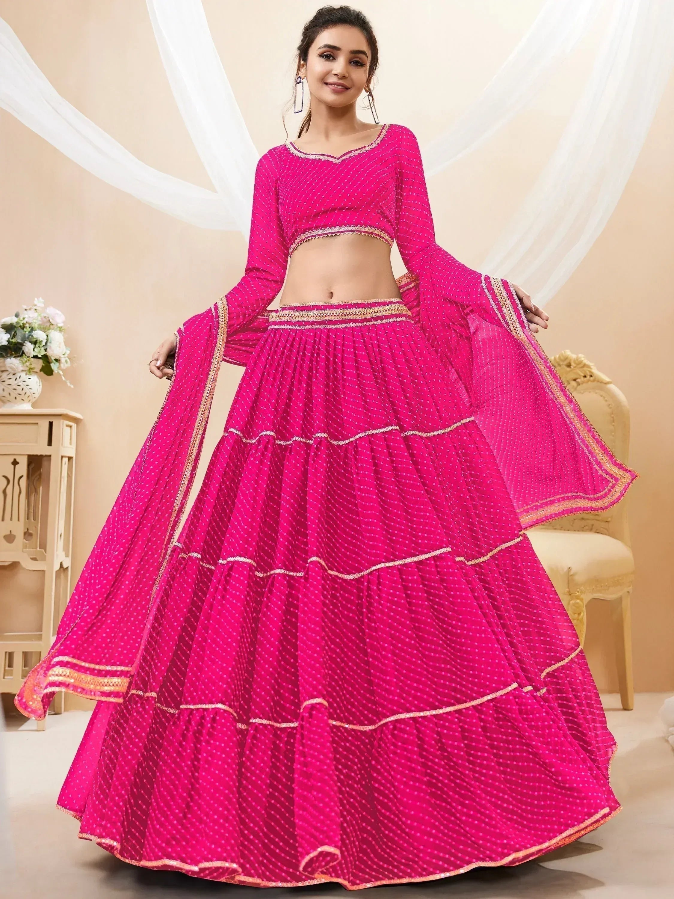 Tulsi Art Fabulous Pink Leheriya Printed Georgette Function Wear Lehenga Choli | Grocsy
