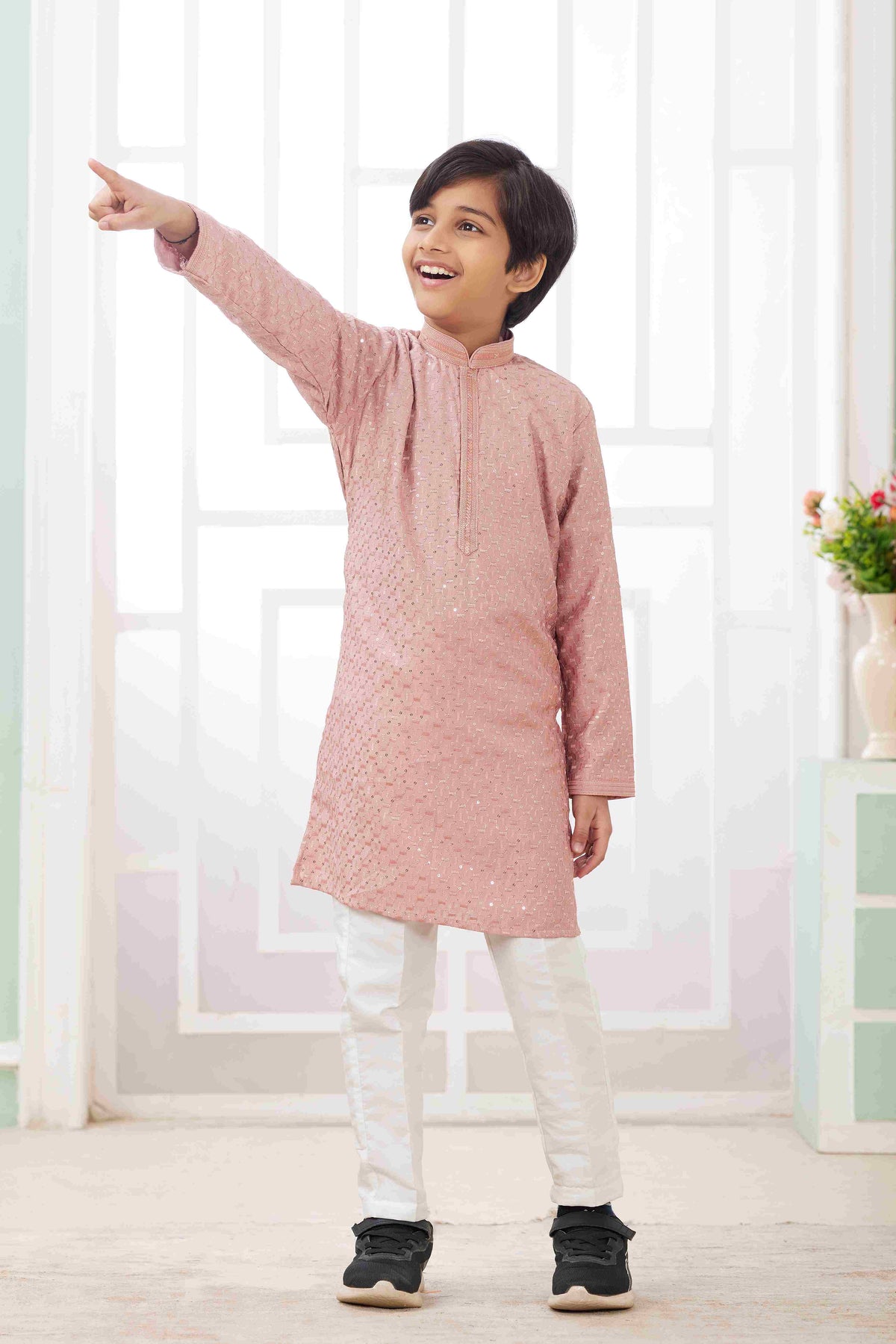 Raivat Ethnic Art Silk Embroidery Work Kids Kurta Pajama In Peach Colour | Grocsy