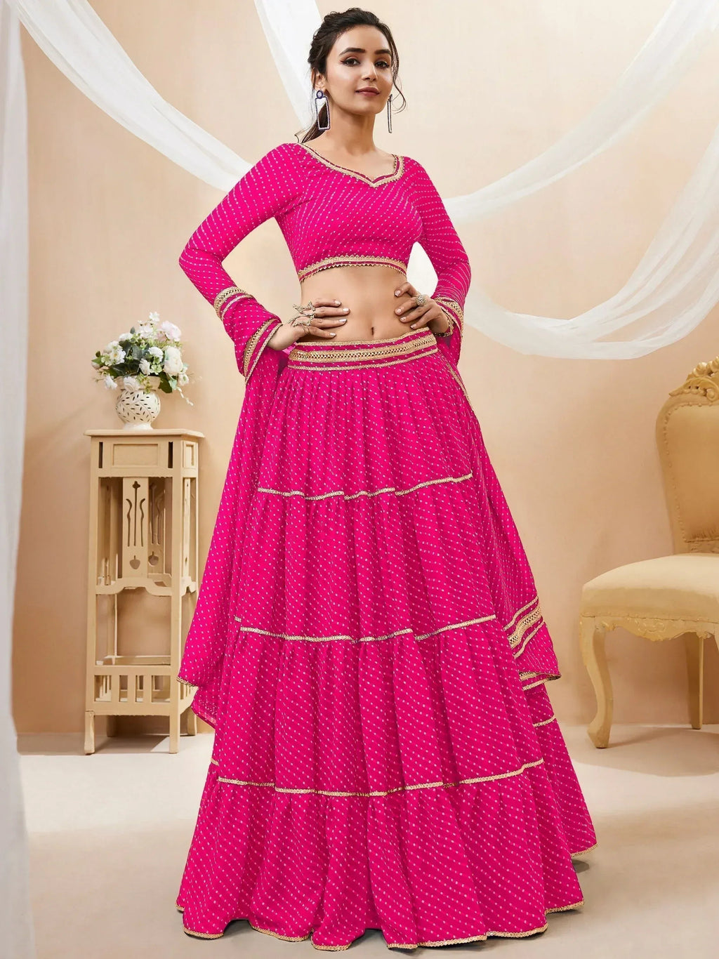 Tulsi Art Fabulous Pink Leheriya Printed Georgette Function Wear Lehenga Choli | Grocsy