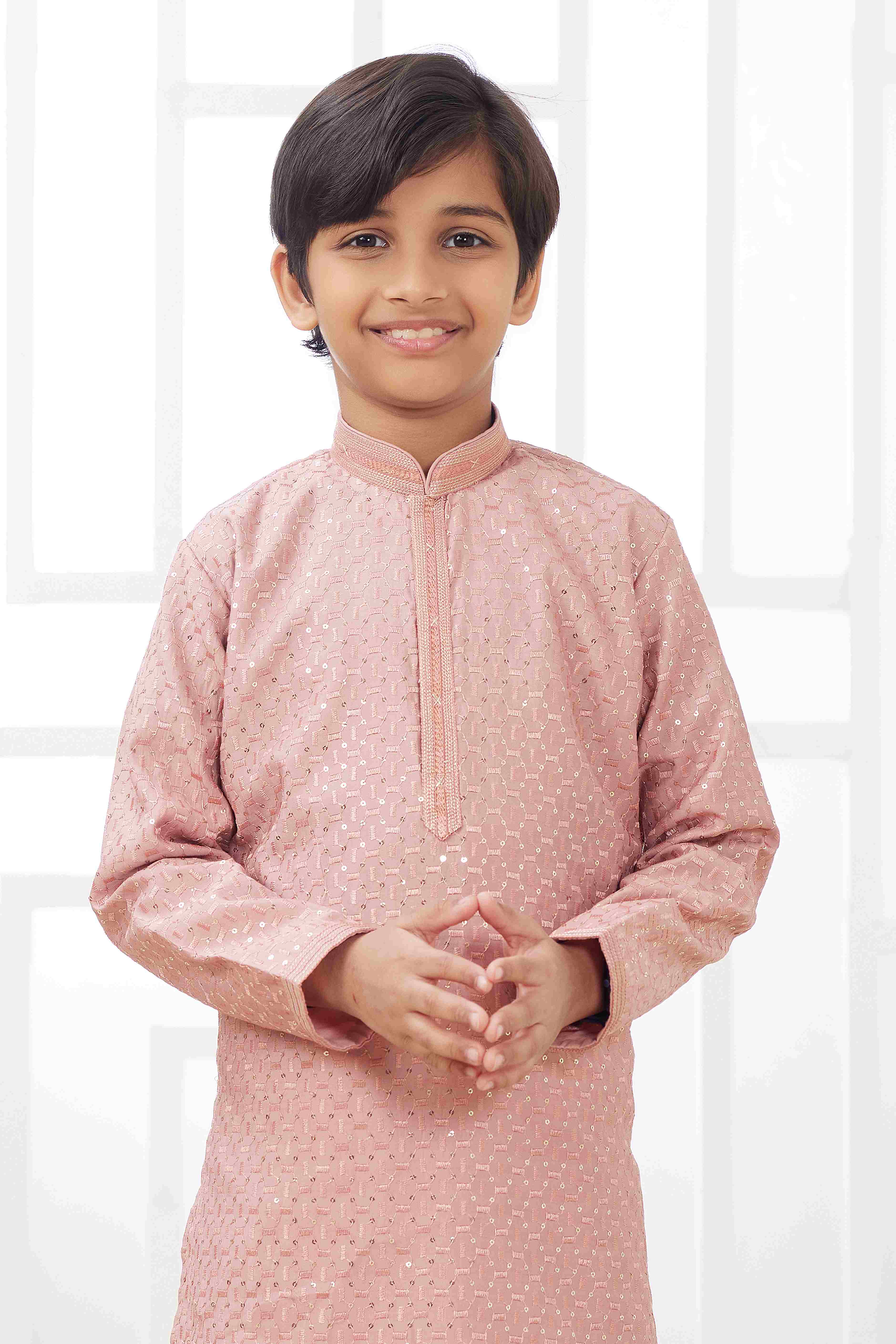 Raivat Ethnic Art Silk Embroidery Work Kids Kurta Pajama In Peach Colour | Grocsy