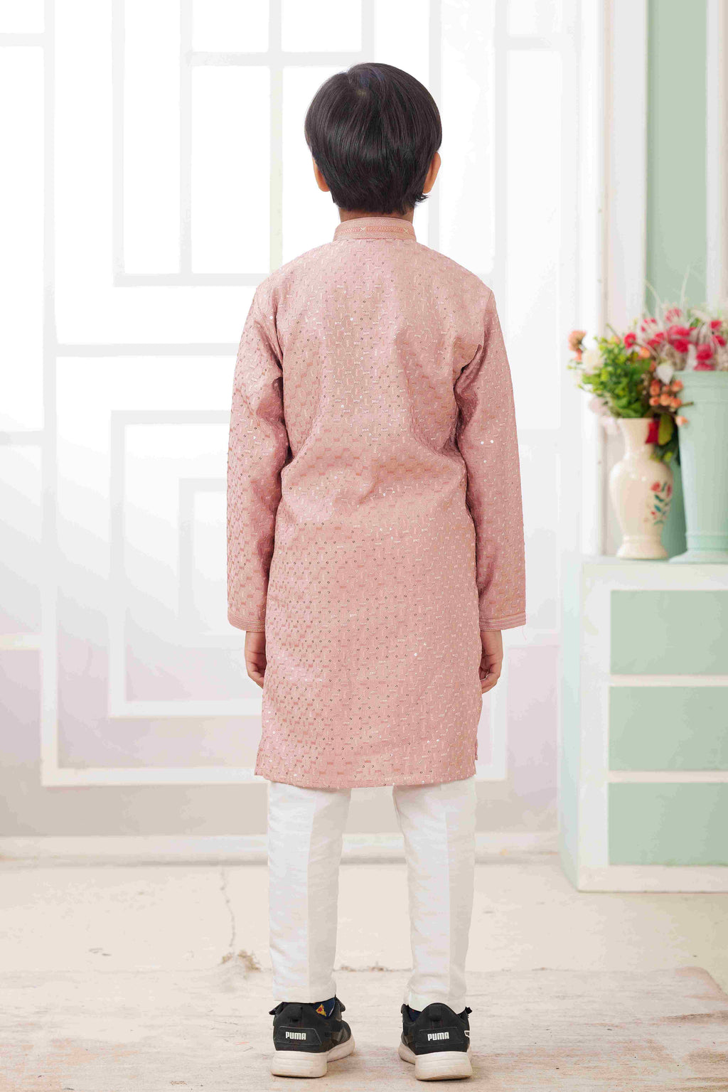 Raivat Ethnic Art Silk Embroidery Work Kids Kurta Pajama In Peach Colour | Grocsy