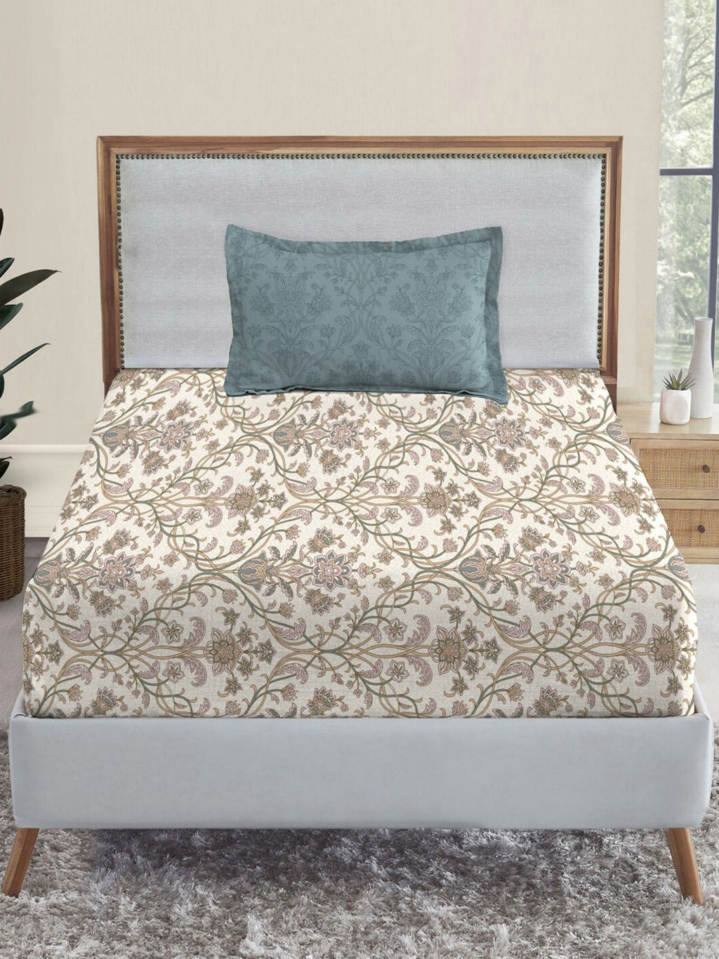 MYTRIDENT Dusk and Dawn Beige Ethnic Motifs Cotton 144 TC Single Bedsheet 1 Pillow Cover | Grocsy