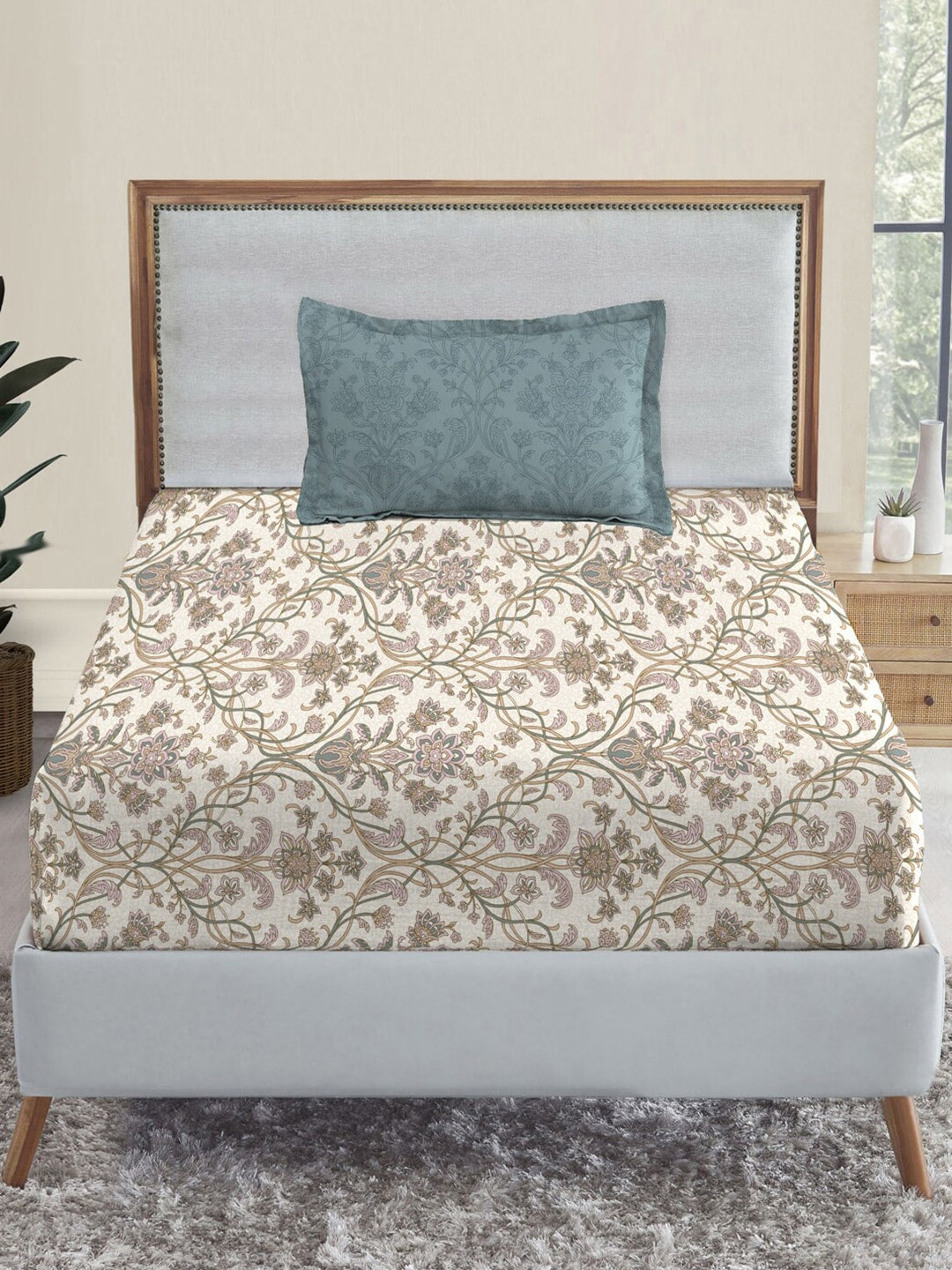 MYTRIDENT Dusk and Dawn Beige Ethnic Motifs Cotton 144 TC Single Bedsheet 1 Pillow Cover | Grocsy
