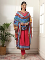 Yufta Pink Anarkali Silk Blend Kurta Set With Pant And Dupatta With Cotton Lining | Grocsy