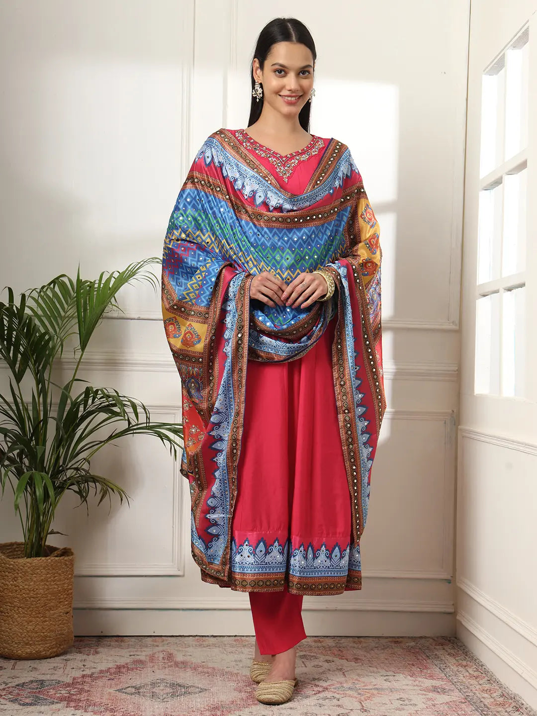 Yufta Pink Anarkali Silk Blend Kurta Set With Pant And Dupatta With Cotton Lining | Grocsy
