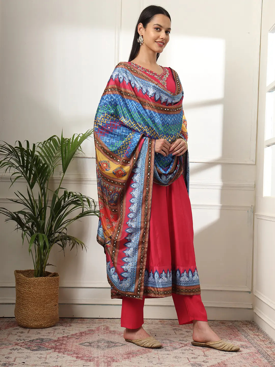 Yufta Pink Anarkali Silk Blend Kurta Set With Pant And Dupatta With Cotton Lining | Grocsy