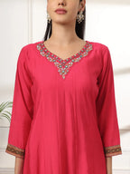 Yufta Pink Anarkali Silk Blend Kurta Set With Pant And Dupatta With Cotton Lining | Grocsy