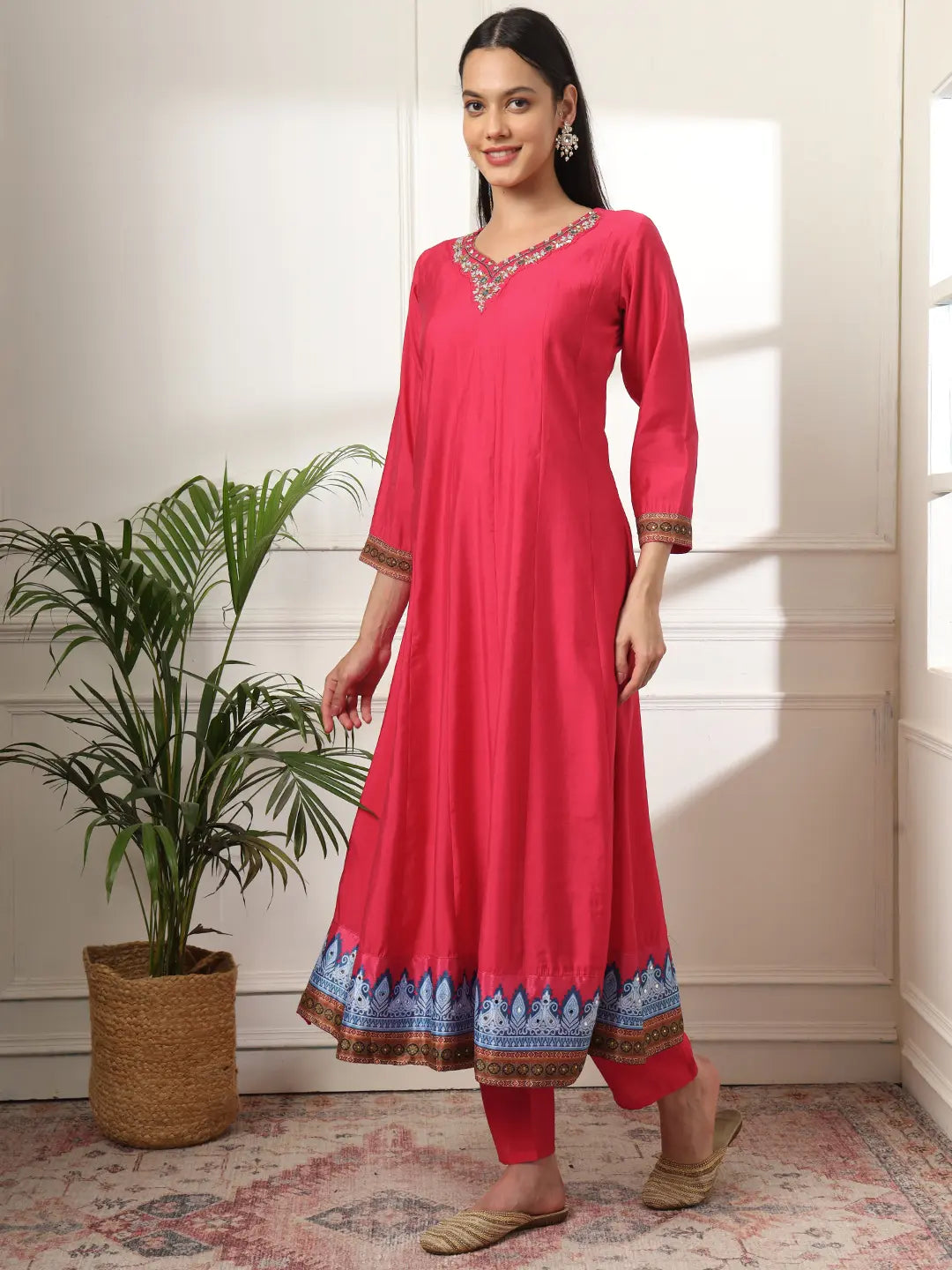 Yufta Pink Anarkali Silk Blend Kurta Set With Pant And Dupatta With Cotton Lining | Grocsy