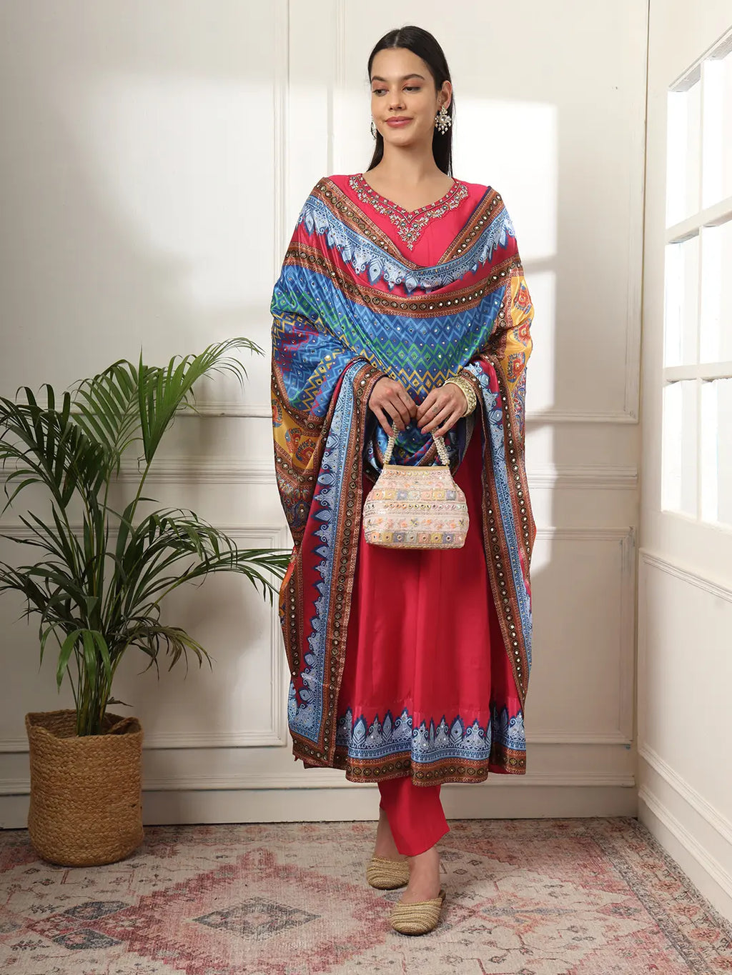 Yufta Pink Anarkali Silk Blend Kurta Set With Pant And Dupatta With Cotton Lining | Grocsy