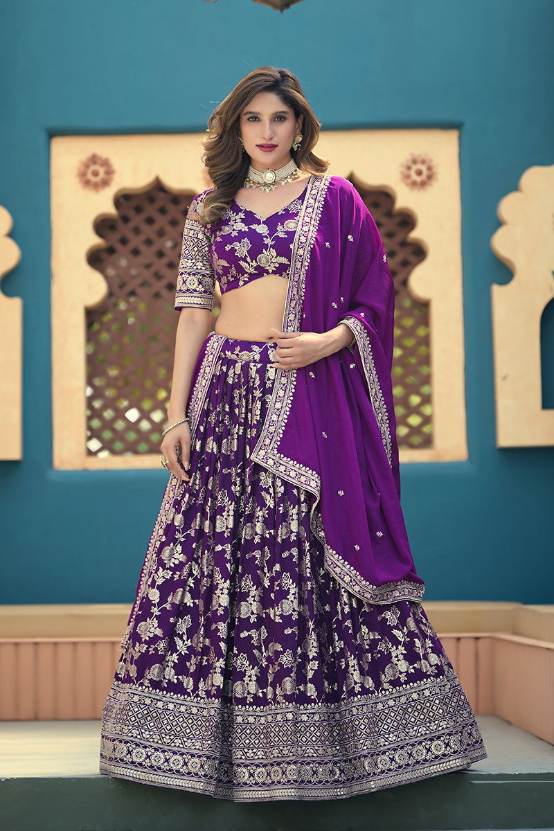 Monjolika Fashion Purple Embroidered Dola Silk Jacquard Designer Long Lehenga Choli | Grocsy