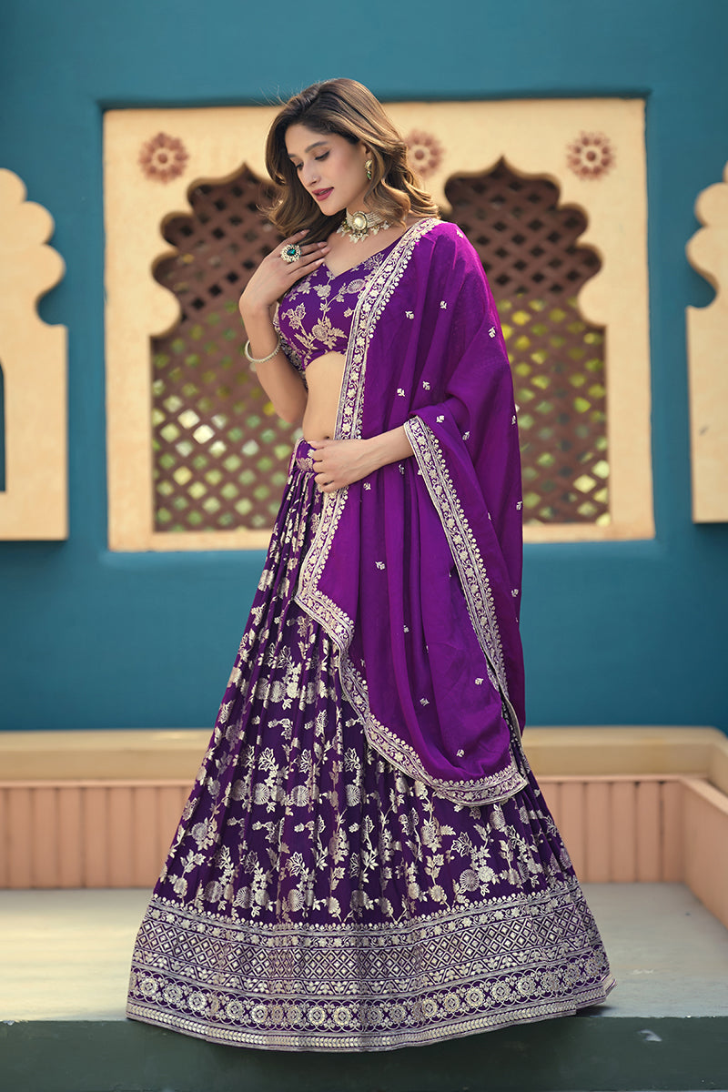 Monjolika Fashion Purple Embroidered Dola Silk Jacquard Designer Long Lehenga Choli | Grocsy