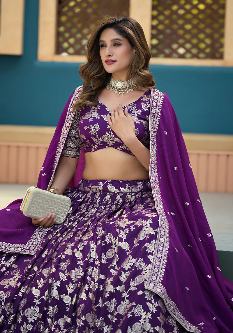 Monjolika Fashion Purple Embroidered Dola Silk Jacquard Designer Long Lehenga Choli | Grocsy