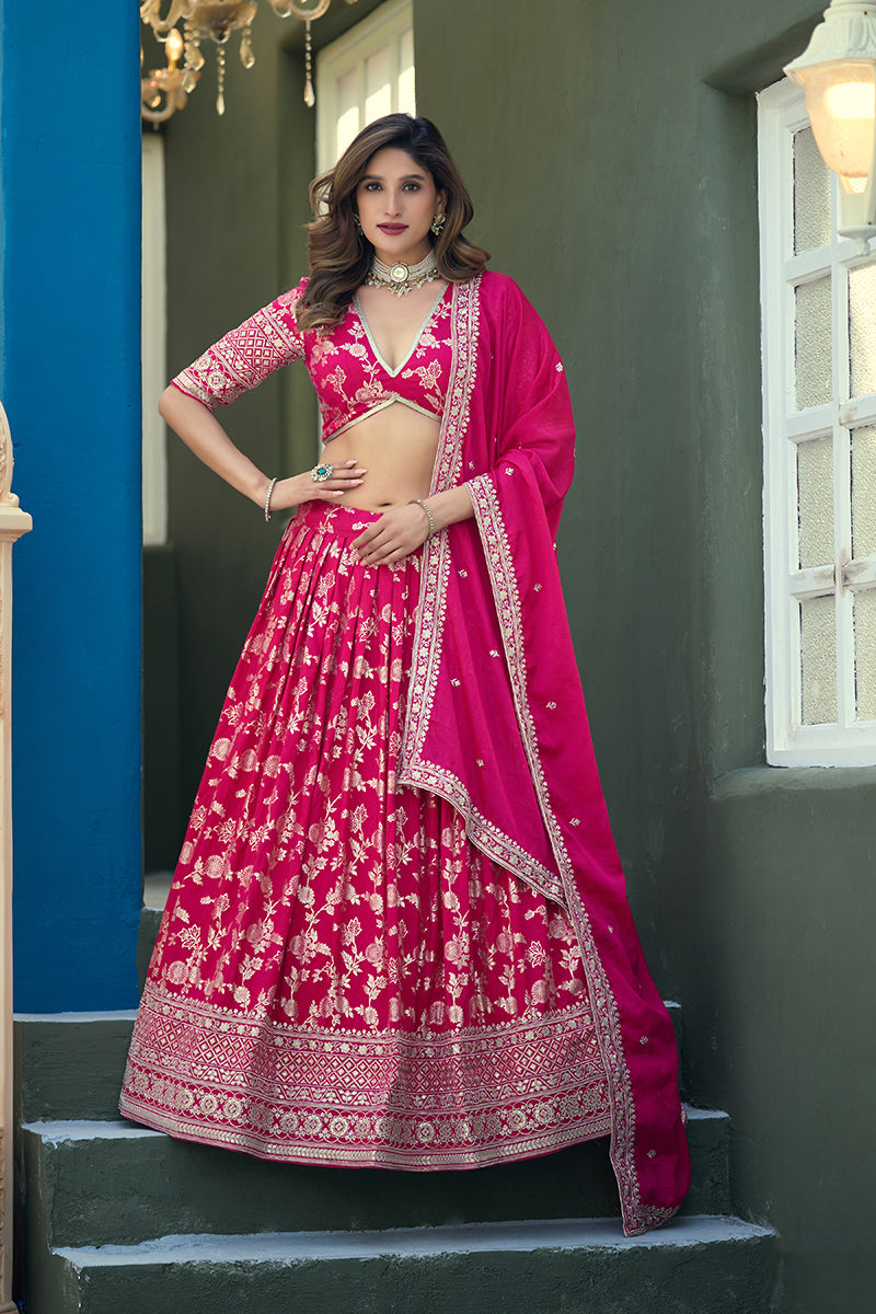 Monjolika Fashion Rani Pink Embroidered Dola Silk Jacquard Designer Long Lehenga Choli | Grocsy