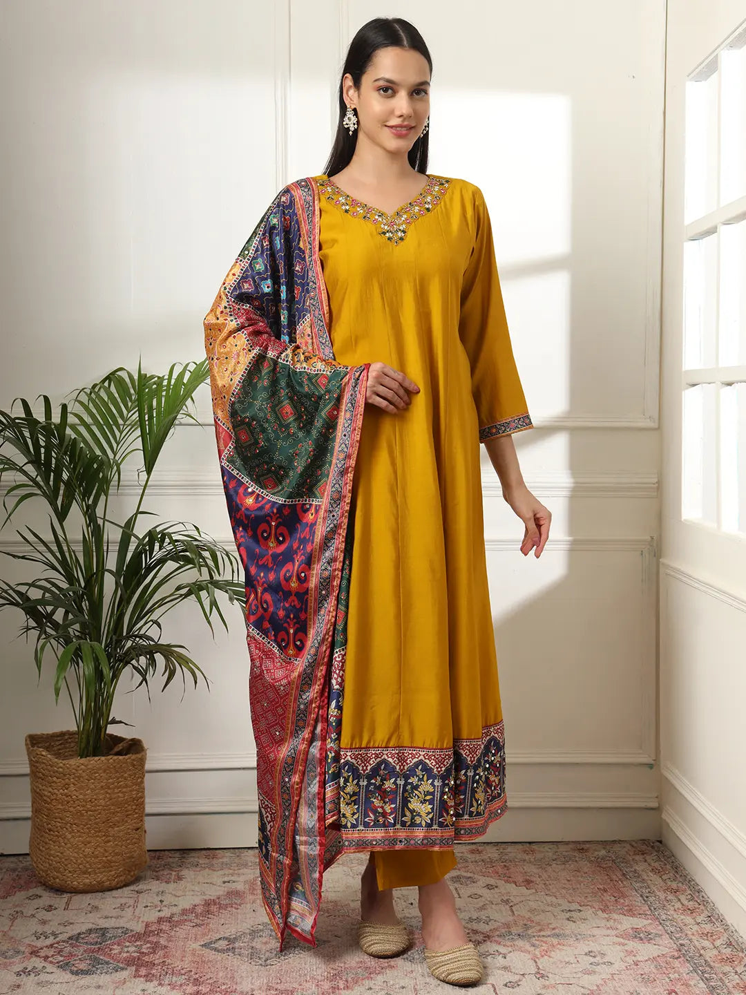 Yufta Mustard Anarkali Silk Blend Kurta Dupatta Set | Grocsy