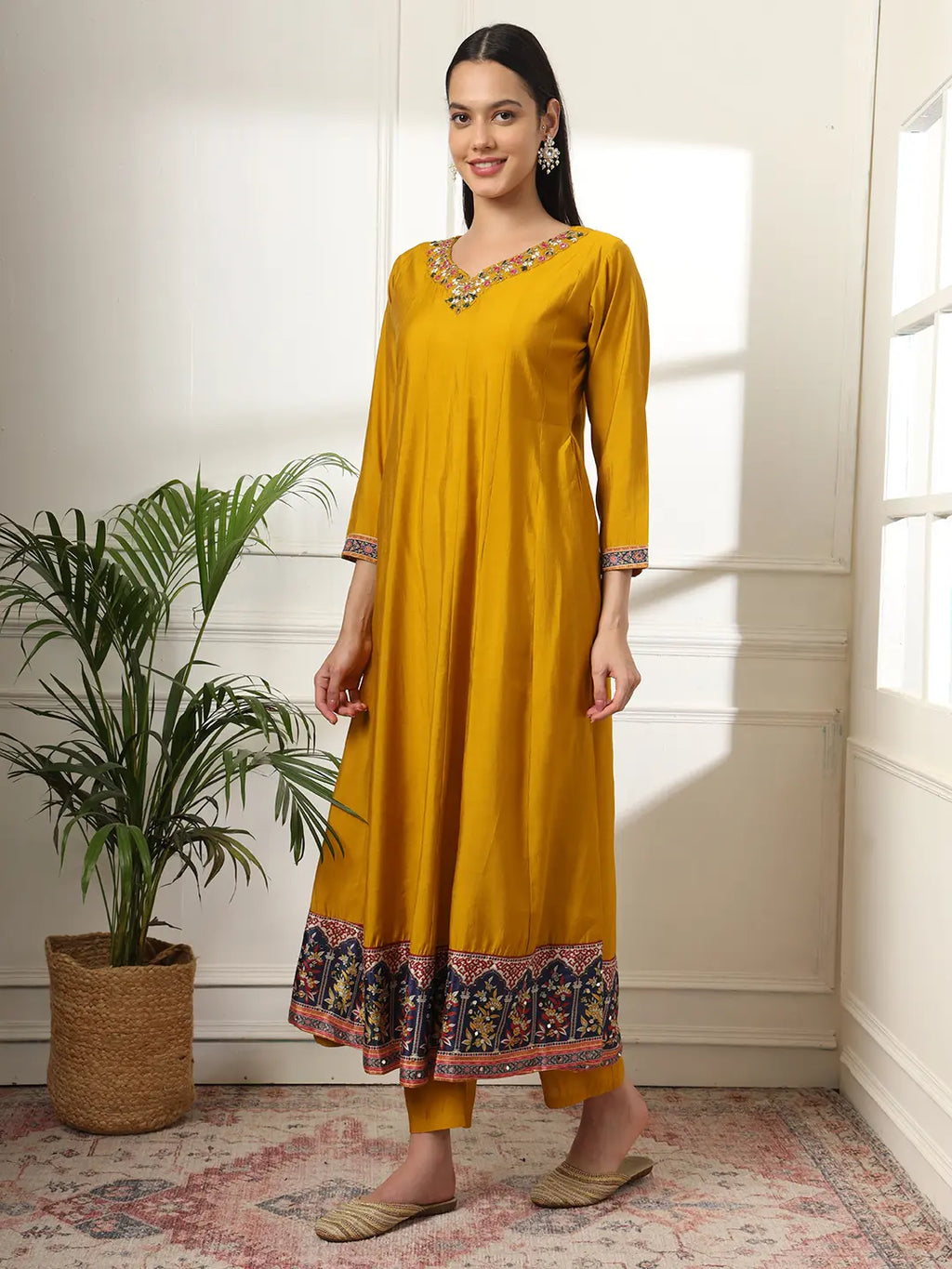 Yufta Mustard Anarkali Silk Blend Kurta Dupatta Set | Grocsy