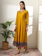 Yufta Mustard Anarkali Silk Blend Kurta Dupatta Set | Grocsy