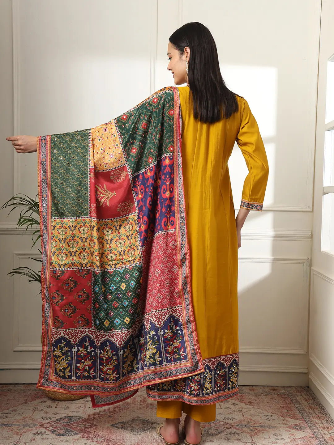 Yufta Mustard Anarkali Silk Blend Kurta Dupatta Set | Grocsy
