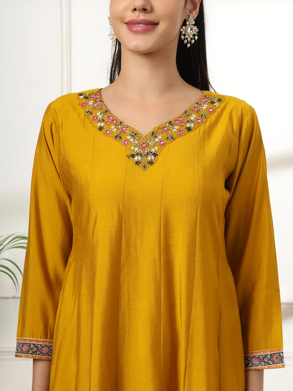 Yufta Mustard Anarkali Silk Blend Kurta Dupatta Set | Grocsy