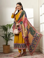 Yufta Mustard Anarkali Silk Blend Kurta Dupatta Set | Grocsy
