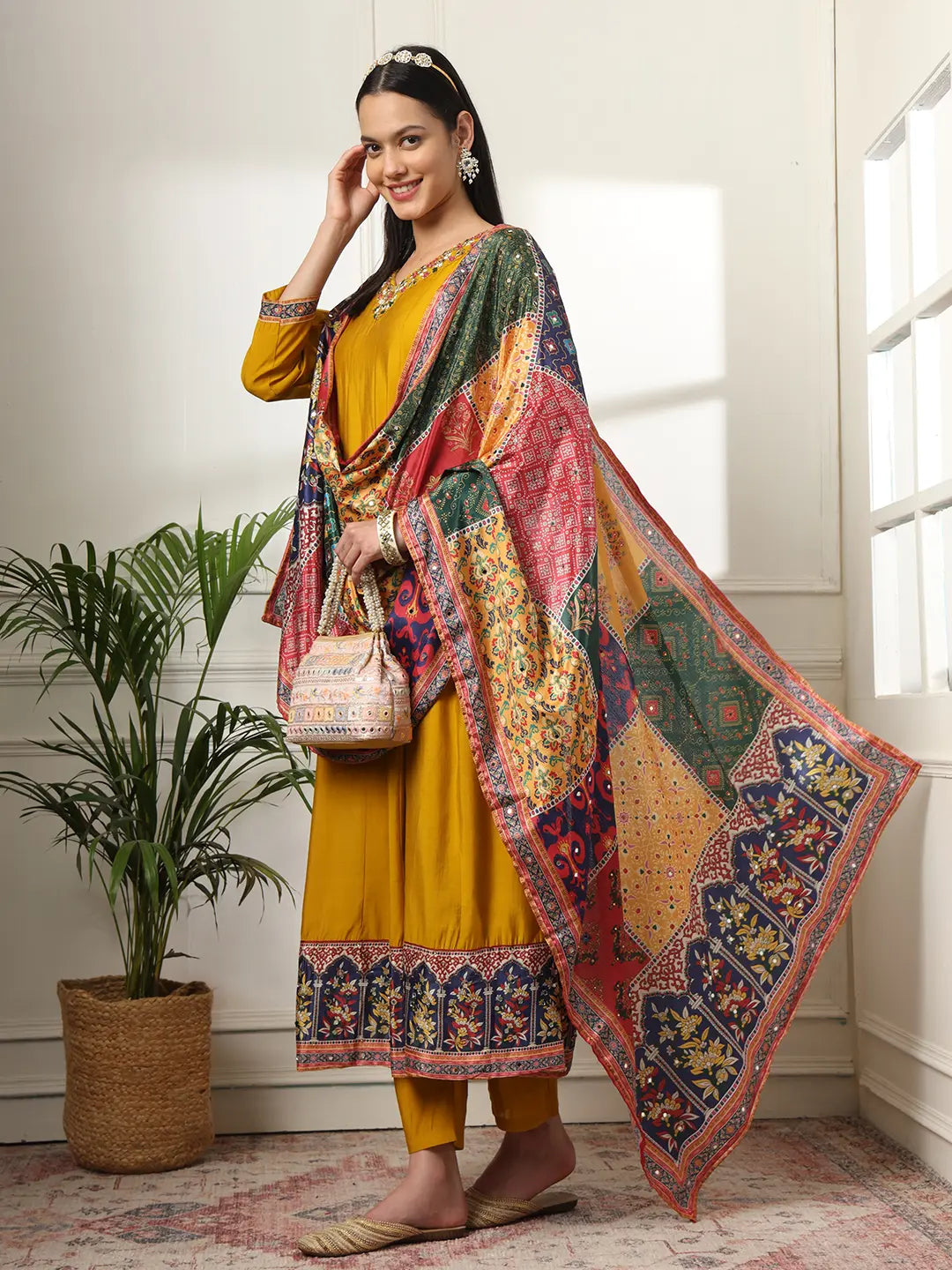 Yufta Mustard Anarkali Silk Blend Kurta Dupatta Set | Grocsy