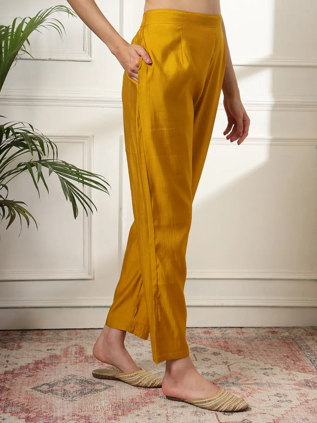 Yufta Mustard Anarkali Silk Blend Kurta Dupatta Set | Grocsy
