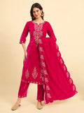 Yufta Pink Velvet Kurta Trouser And Dupatta Set With Embroidery | Grocsy