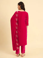 Yufta Pink Velvet Kurta Trouser And Dupatta Set With Embroidery | Grocsy