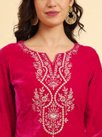 Yufta Pink Velvet Kurta Trouser And Dupatta Set With Embroidery | Grocsy