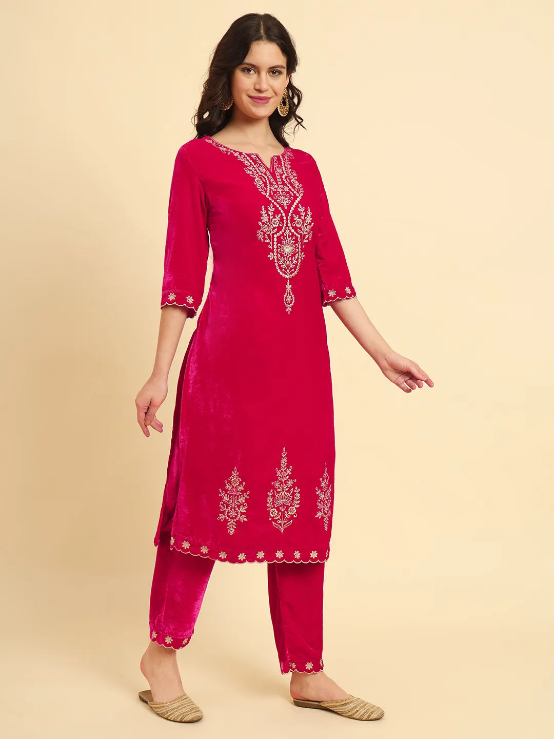 Yufta Pink Velvet Kurta Trouser And Dupatta Set With Embroidery | Grocsy