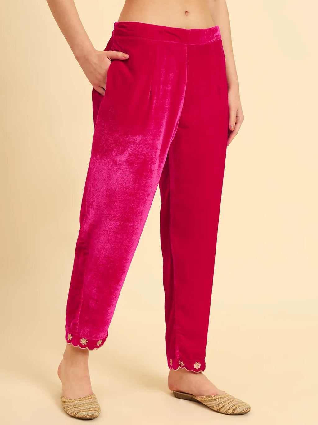Yufta Pink Velvet Kurta Trouser And Dupatta Set With Embroidery | Grocsy