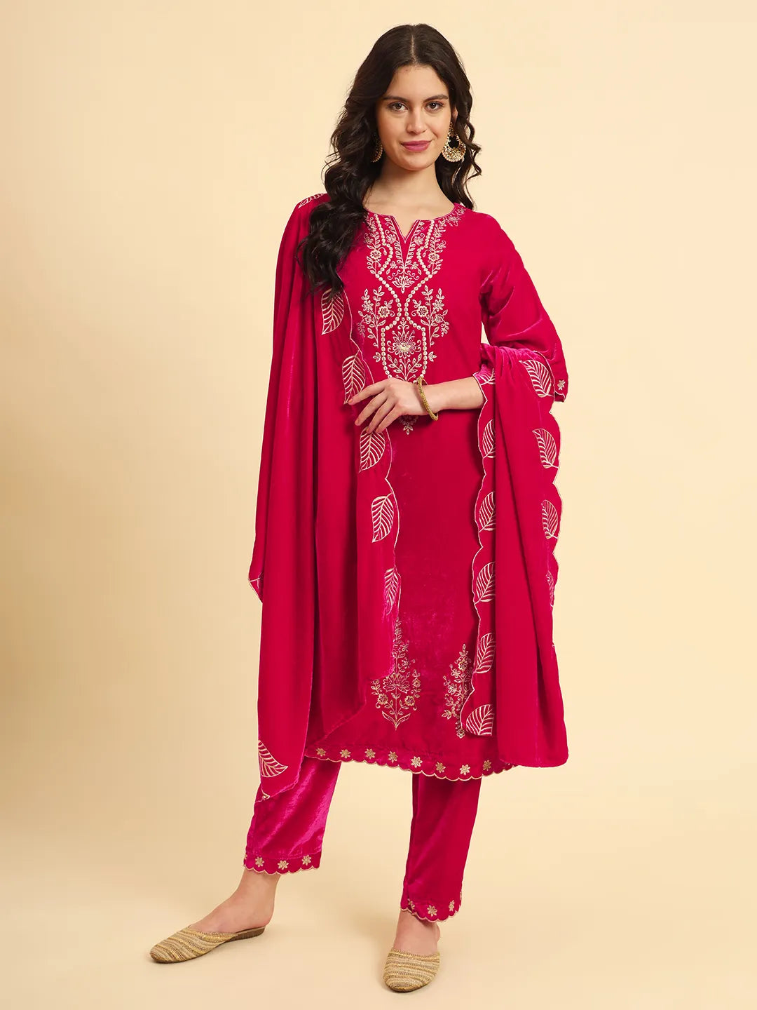Yufta Pink Velvet Kurta Trouser And Dupatta Set With Embroidery | Grocsy