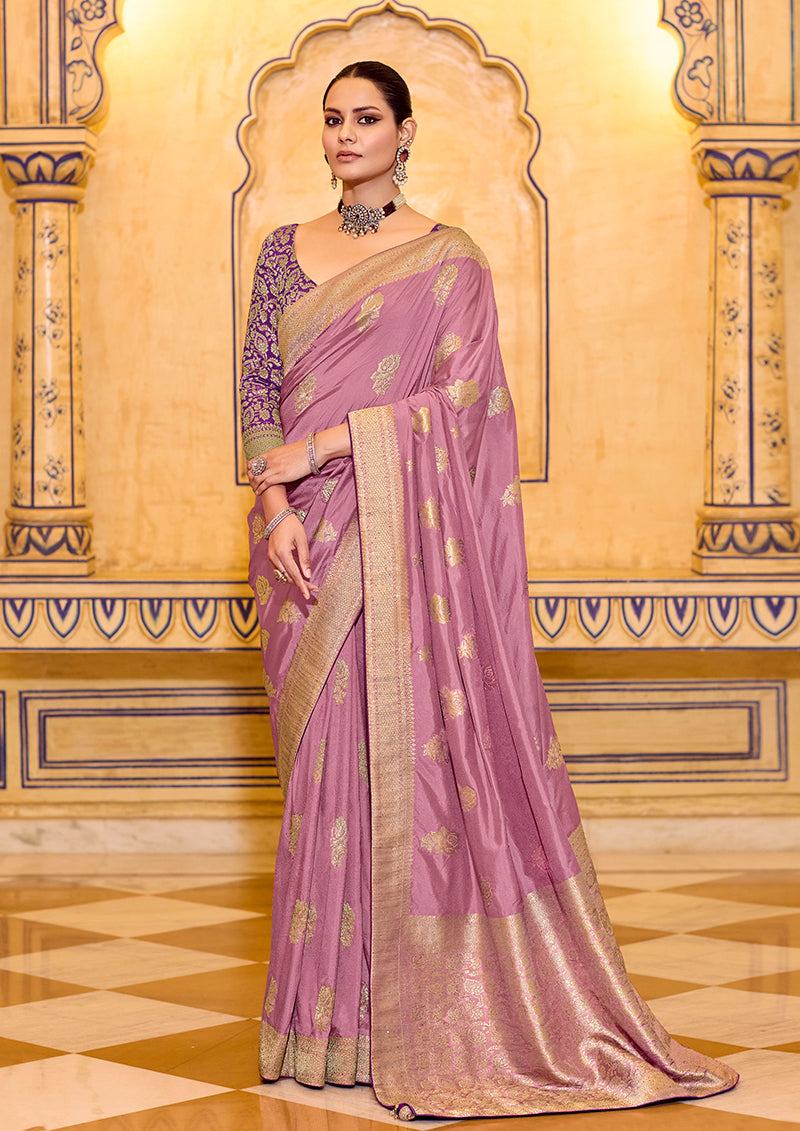 Monjolika Fashion Onion Pink Faux Crepe Silk with beautiful Zari Weaving Work Classic Saree | Grocsy