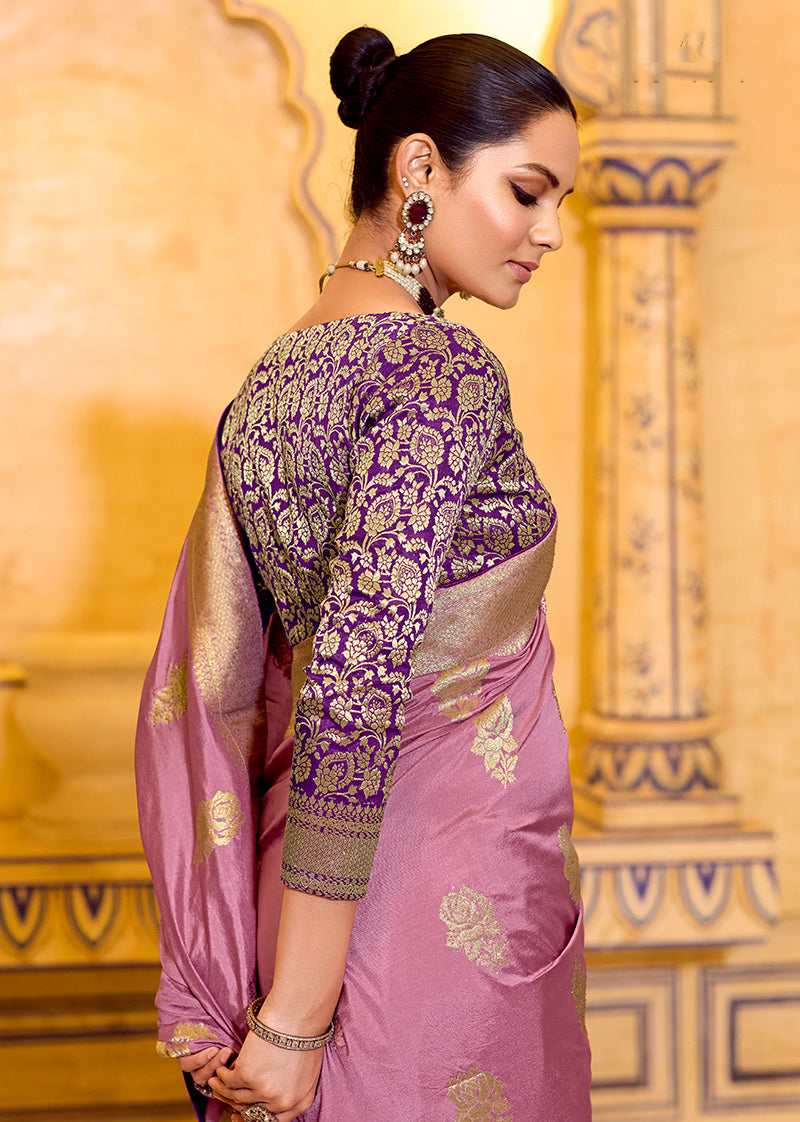 Monjolika Fashion Onion Pink Faux Crepe Silk with beautiful Zari Weaving Work Classic Saree | Grocsy