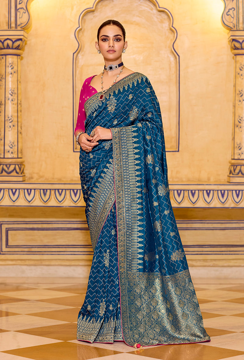 Monjolika Fashion Teal Blue Faux Crepe Silk with beautiful Zari Weaving Work Classic Saree | Grocsy