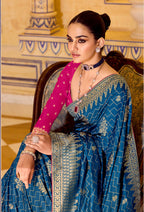 Monjolika Fashion Teal Blue Faux Crepe Silk with beautiful Zari Weaving Work Classic Saree | Grocsy