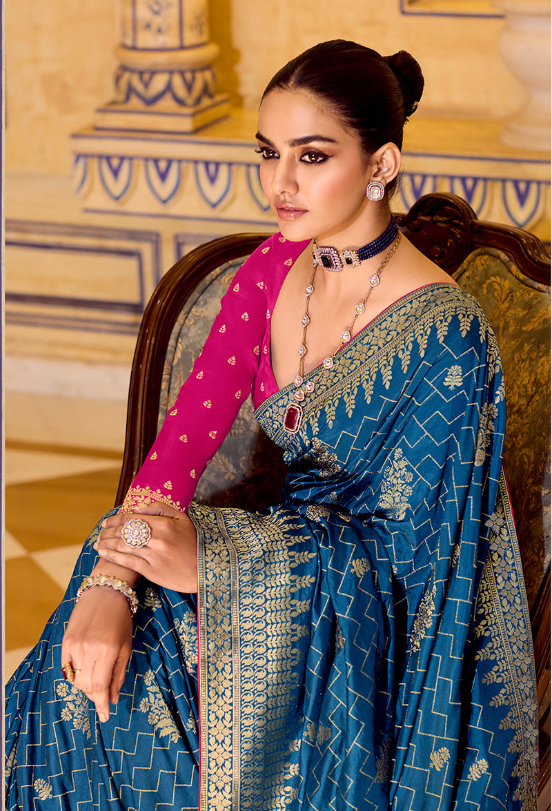 Monjolika Fashion Teal Blue Faux Crepe Silk with beautiful Zari Weaving Work Classic Saree | Grocsy