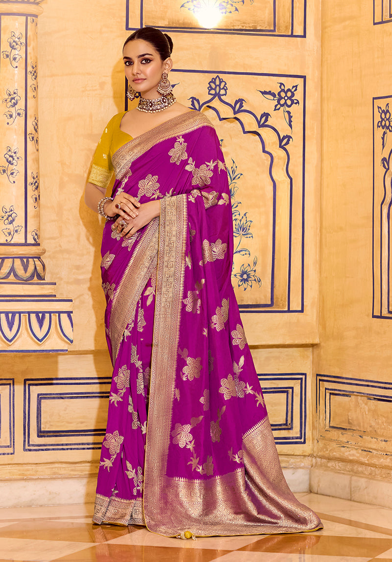 Monjolika Fashion Magenta Faux Crepe Silk with beautiful Zari Weaving Work Classic Saree | Grocsy