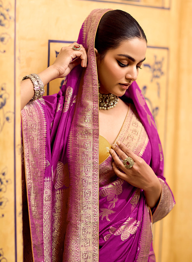 Monjolika Fashion Magenta Faux Crepe Silk with beautiful Zari Weaving Work Classic Saree | Grocsy