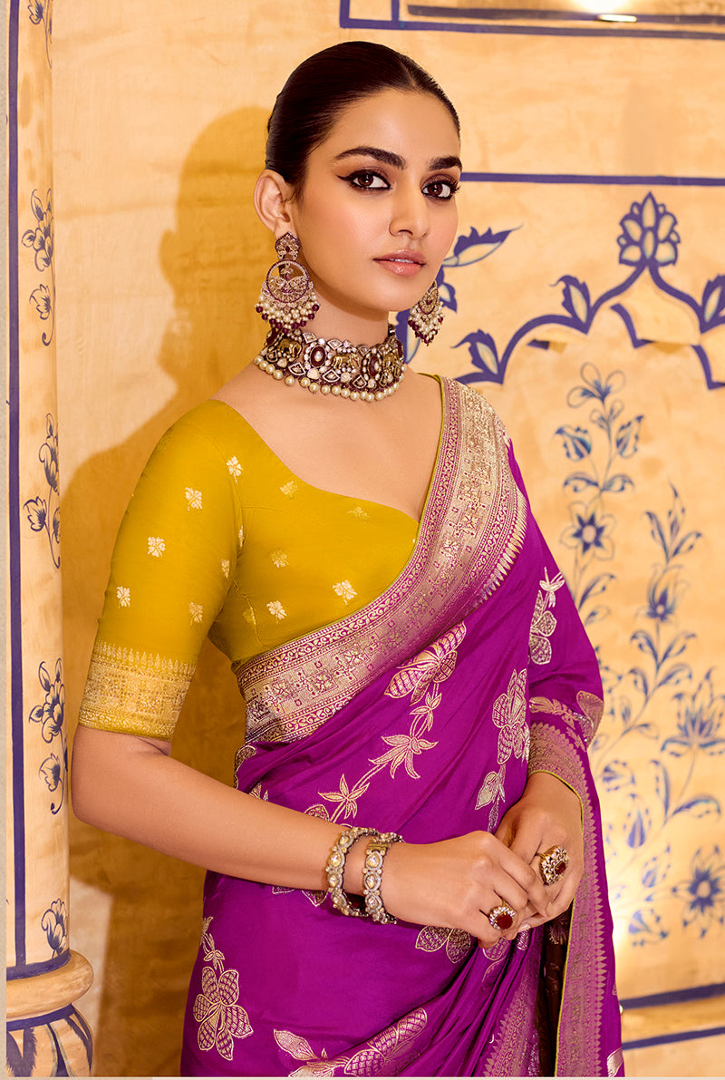 Monjolika Fashion Magenta Faux Crepe Silk with beautiful Zari Weaving Work Classic Saree | Grocsy